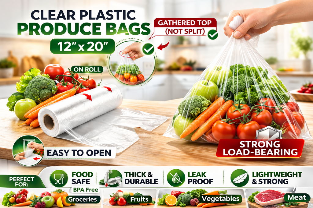 1 Roll Produce Bags 12” x 20” – Clear Food Safe Plastic Bags for Fruits & Vegetables