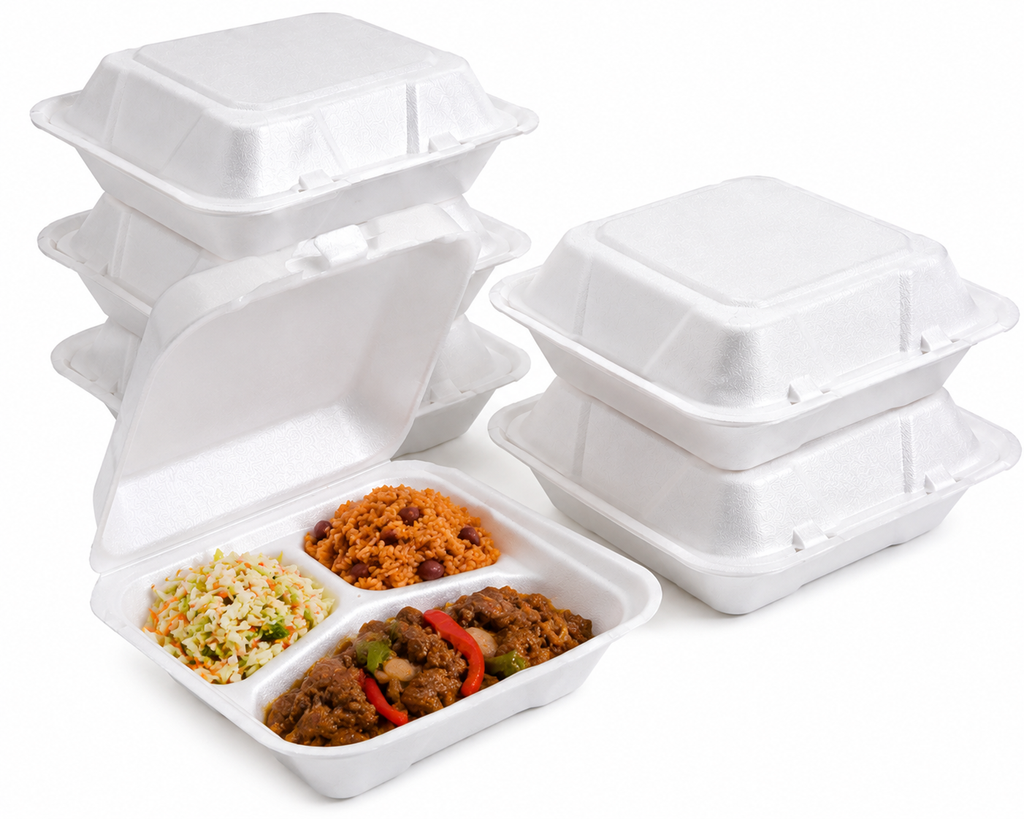 9x9 Foam Hinged Food Containers - 200 Count Case - 1 & 3 Compartments