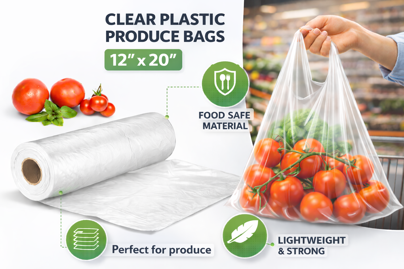 1 Roll Produce Bags 12” x 20” – Clear Food Safe Plastic Bags for Fruits & Vegetables