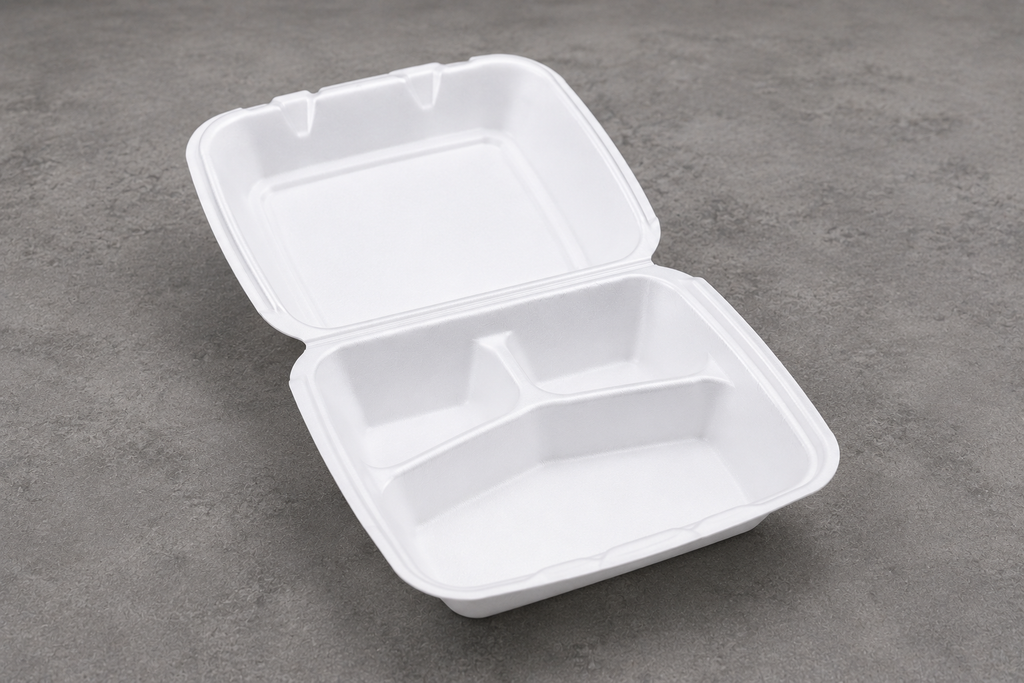 8x8 Foam Hinged Food Containers - 200 Count Case - 1 & 3 Compartments