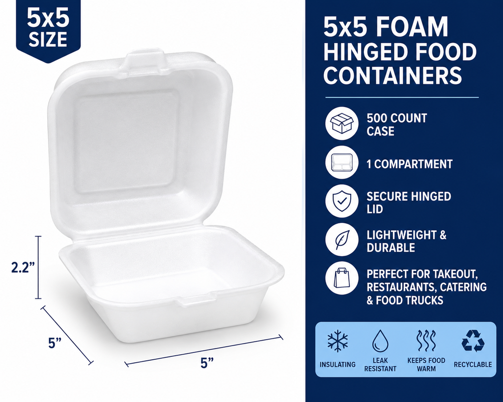 5x5 Foam Clamshell Food Containers – 500 Count Case – Disposable Takeout Boxes