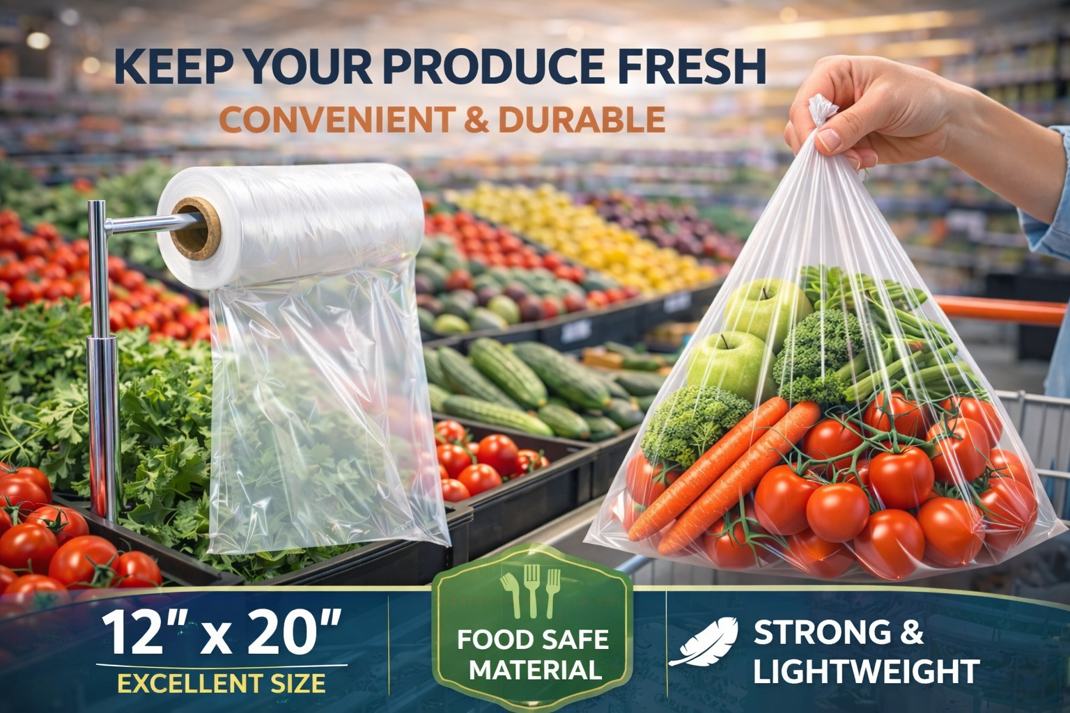 1 Roll Produce Bags 12” x 20” – Clear Food Safe Plastic Bags for Fruits & Vegetables