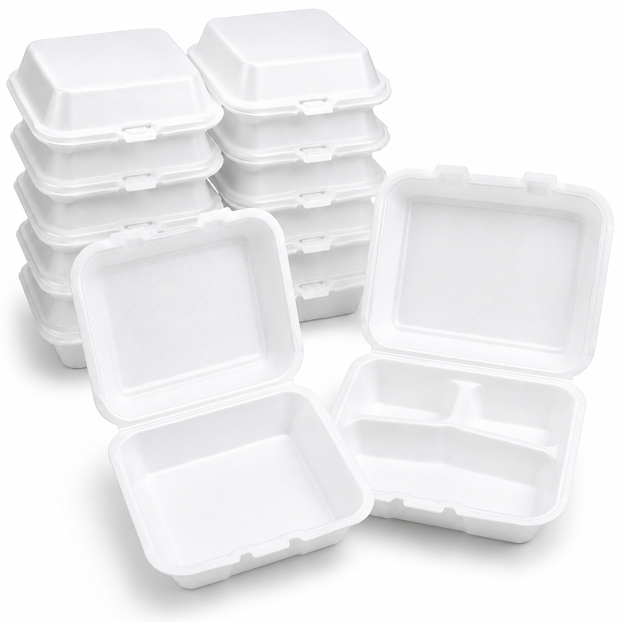 7x7 Foam Hinged Food Containers – 200 Count Case – 1 & 3 Compartment