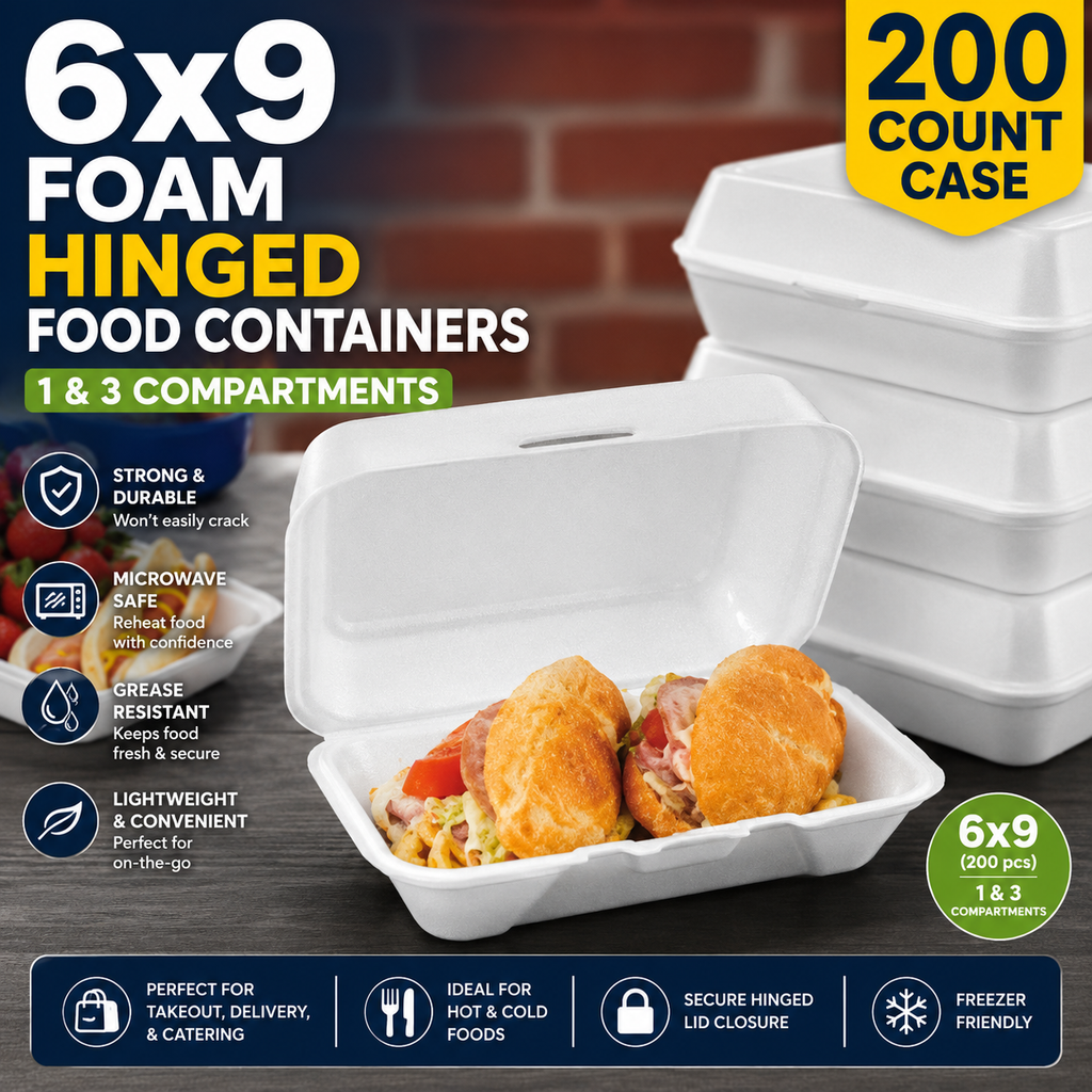 6x9 Foam Hinged Food Containers - 200 Count Case - 1 & 3 Compartments