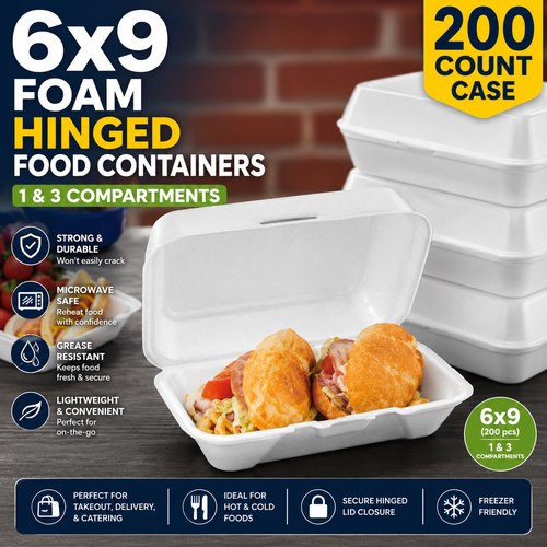 6x9 Foam Hinged Food Containers - 200 Count Case - 1 & 3 Compartments