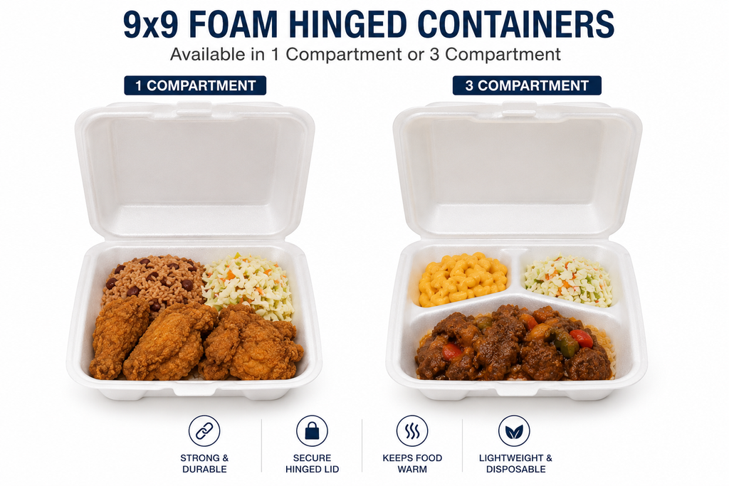9x9 Foam Hinged Food Containers - 200 Count Case - 1 & 3 Compartments