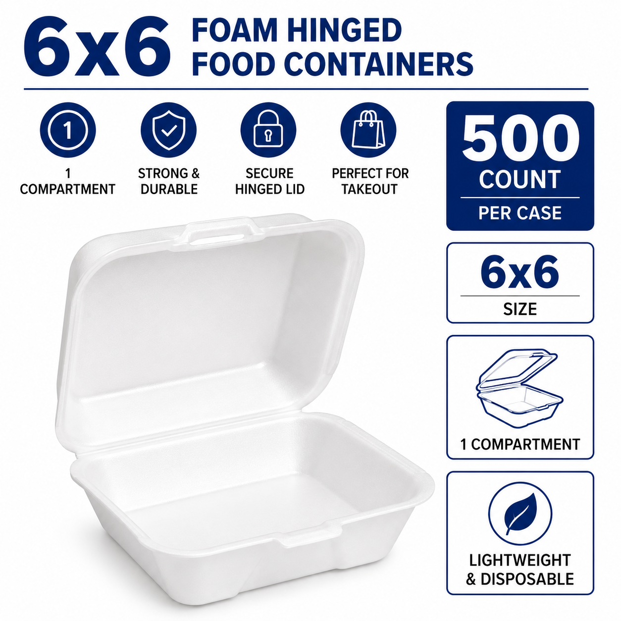 6x6 Foam Hinged Food Containers – 500 Count Case – 1 Compartment