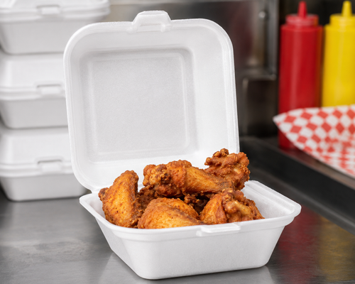 5x5 Foam Clamshell Food Containers – 500 Count Case – Disposable Takeout Boxes