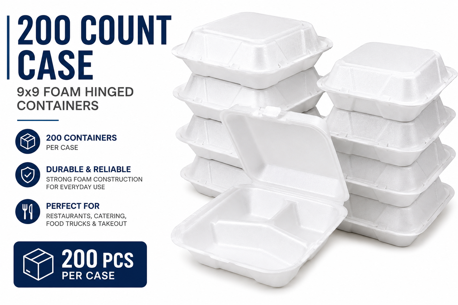 9x9 Foam Hinged Food Containers - 200 Count Case - 1 & 3 Compartments