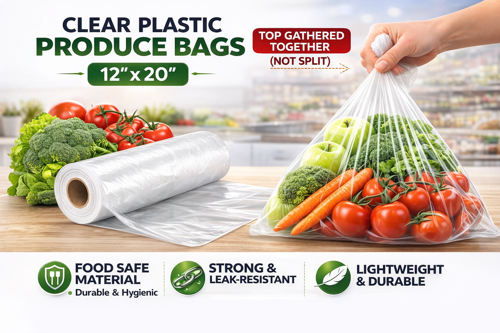 1 Roll Produce Bags 12” x 20” – Clear Food Safe Plastic Bags for Fruits & Vegetables