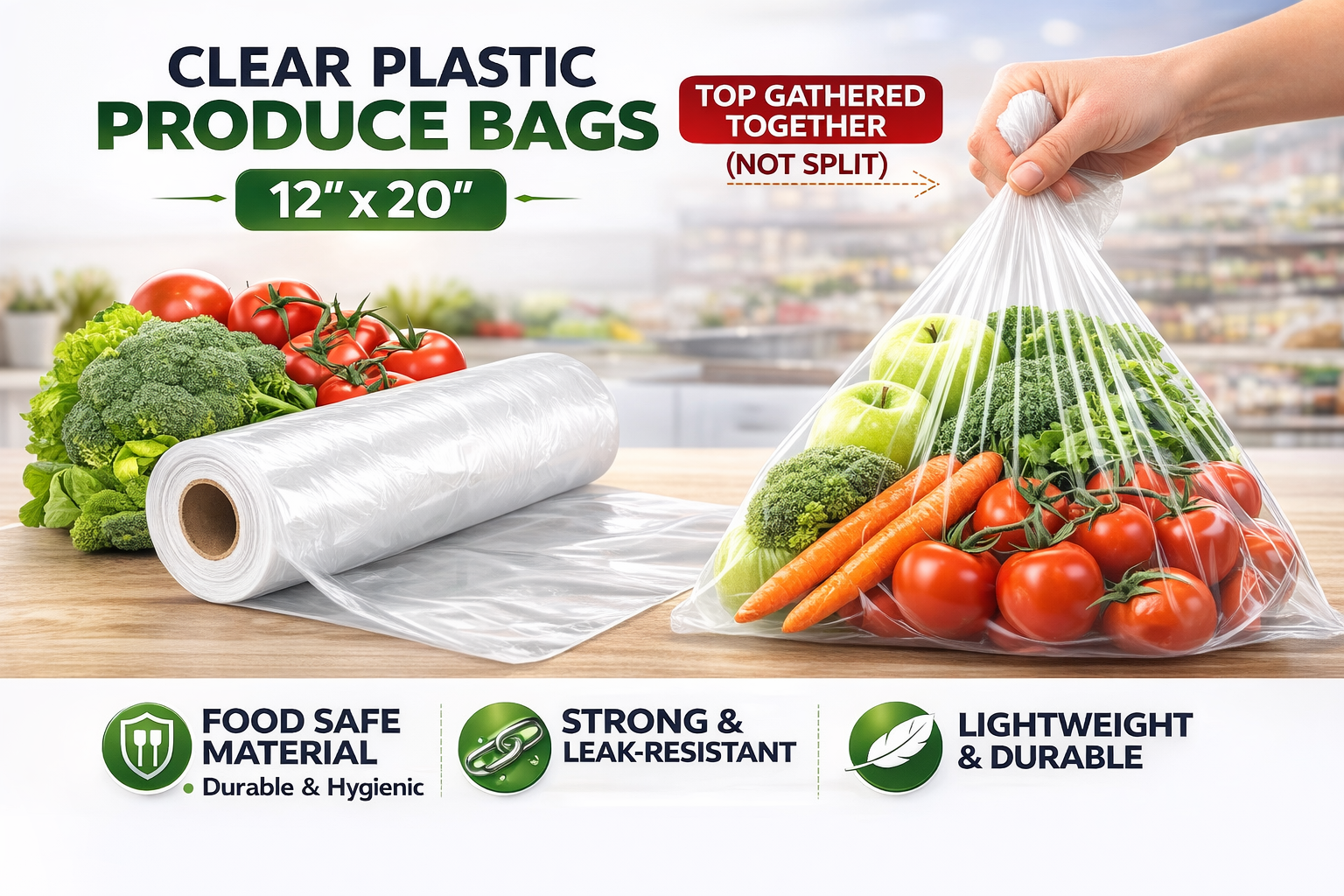 1 Roll Produce Bags 12” x 20” – Clear Food Safe Plastic Bags for Fruits & Vegetables