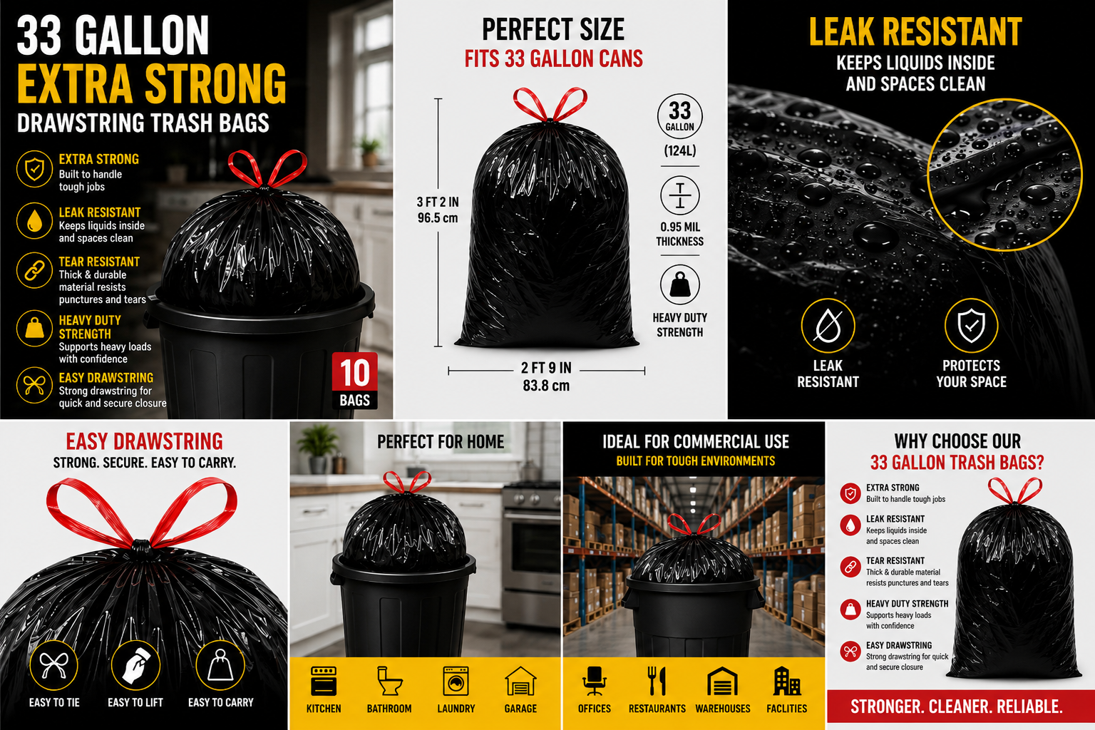 Heavy Duty Black Trash Bags (10 Bags)