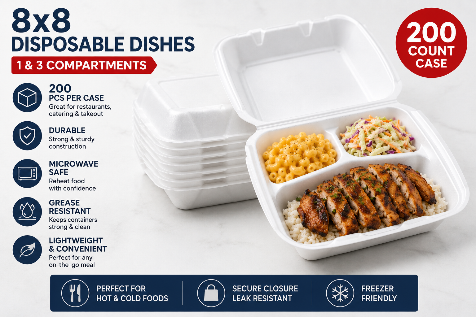 8x8 Foam Hinged Food Containers - 200 Count Case - 1 & 3 Compartments