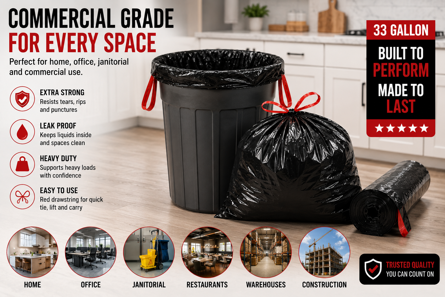 Heavy Duty Black Trash Bags (10 Bags)