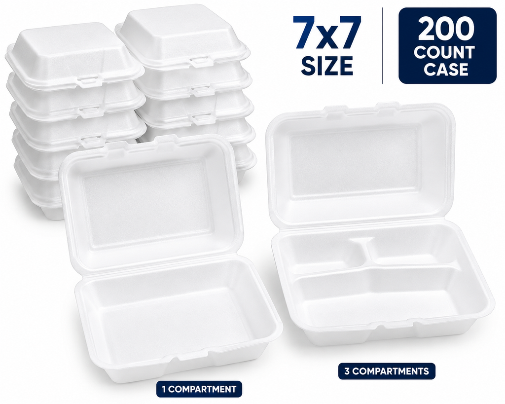 7x7 Foam Hinged Food Containers – 200 Count Case – 1 & 3 Compartment